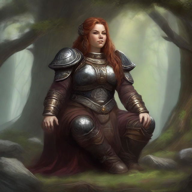 Deep in meditation, a dwarven female kineticist, garbed in her substantial heavy armor, gathers energy from nature itself, forming a serene tableau of elemental harmony and personal tranquility.