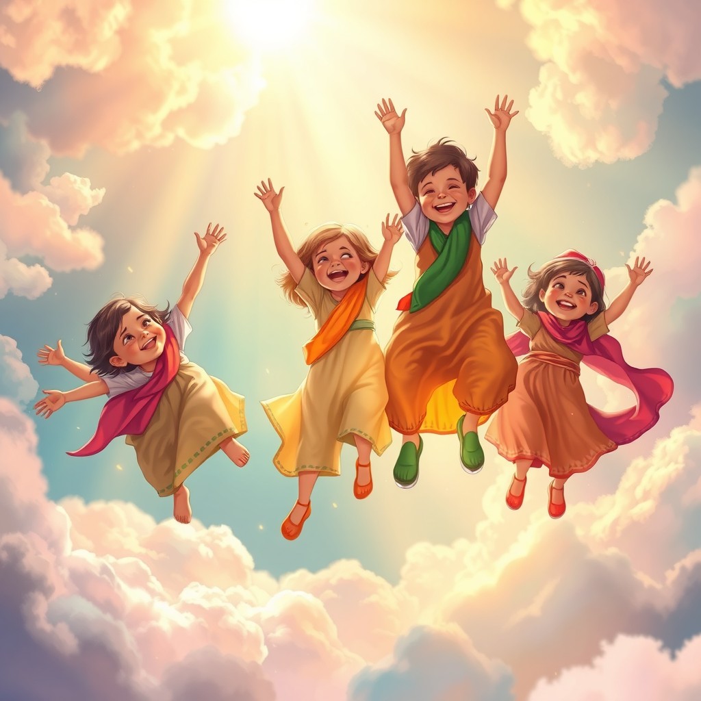 An ethereal scene depicting a group of children, dressed in bright, traditional Palestinian attire, joyfully ascending into a beautiful, celestial environment filled with soft clouds and radiant light