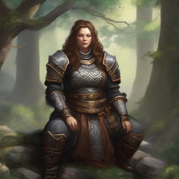 Deep in meditation, a dwarven female kineticist, garbed in her substantial heavy armor, gathers energy from nature itself, forming a serene tableau of elemental harmony and personal tranquility.