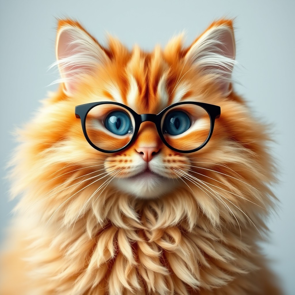 A large, sweet, fluffy orange cat with a charming smile and big blue eyes, wearing stylish glasses