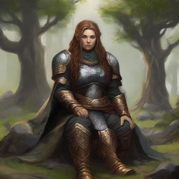 Deep in meditation, a dwarven female kineticist, garbed in her substantial heavy armor, gathers energy from nature itself, forming a serene tableau of elemental harmony and personal tranquility.