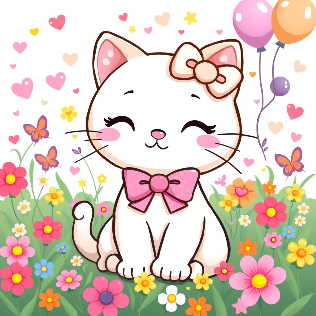 A cute, cartoonish cat character inspired by the Hello Kitty style, featuring a cheerful expression, wearing a lovely pink bow, and adorned with pastel colors