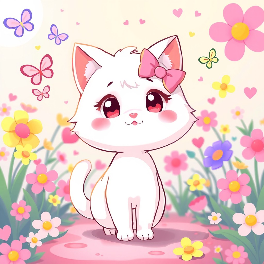 A cute and colorful character resembling a white cat with a large head, wearing a pink bow on her left ear, standing in a bright, cheerful environment filled with pastel colors and cartoonish flowers