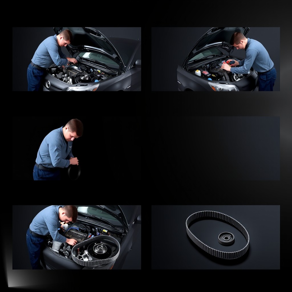Five realistic images depicting the process of replacing a timing belt in a car, featuring a mechanic working diligently on an open engine