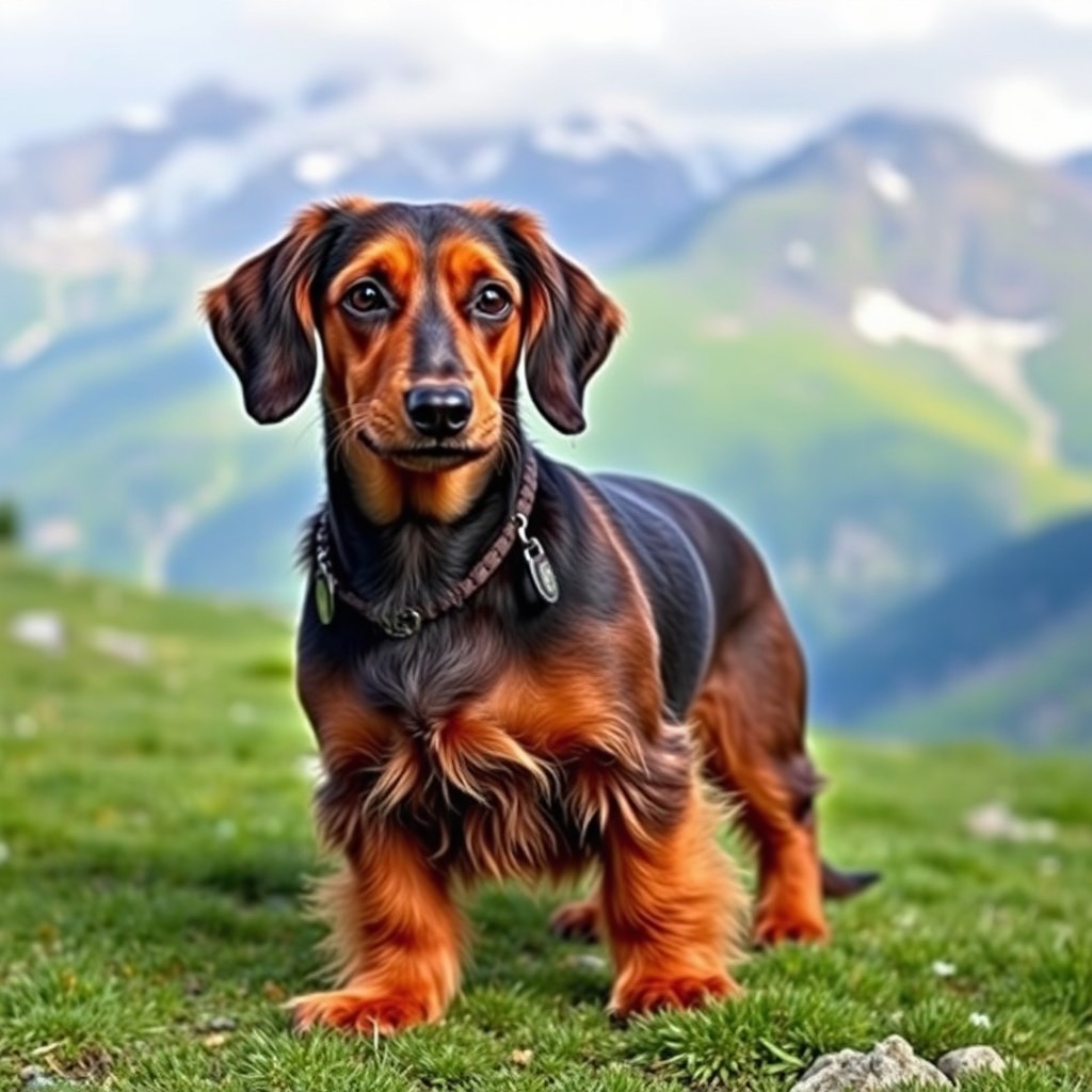 A medium-sized Alpine Dachsbracke dog, showcasing its sturdy build, long body and short, strong legs