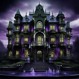 An imposing mansion brimming with sinister energy, capturing the essence of an enraged evil genius. Colored in haunting greens, chilling blues, and oppressive purples, intricate devices reflect the occupant's malevolence, tangible rage, and towering intellect.