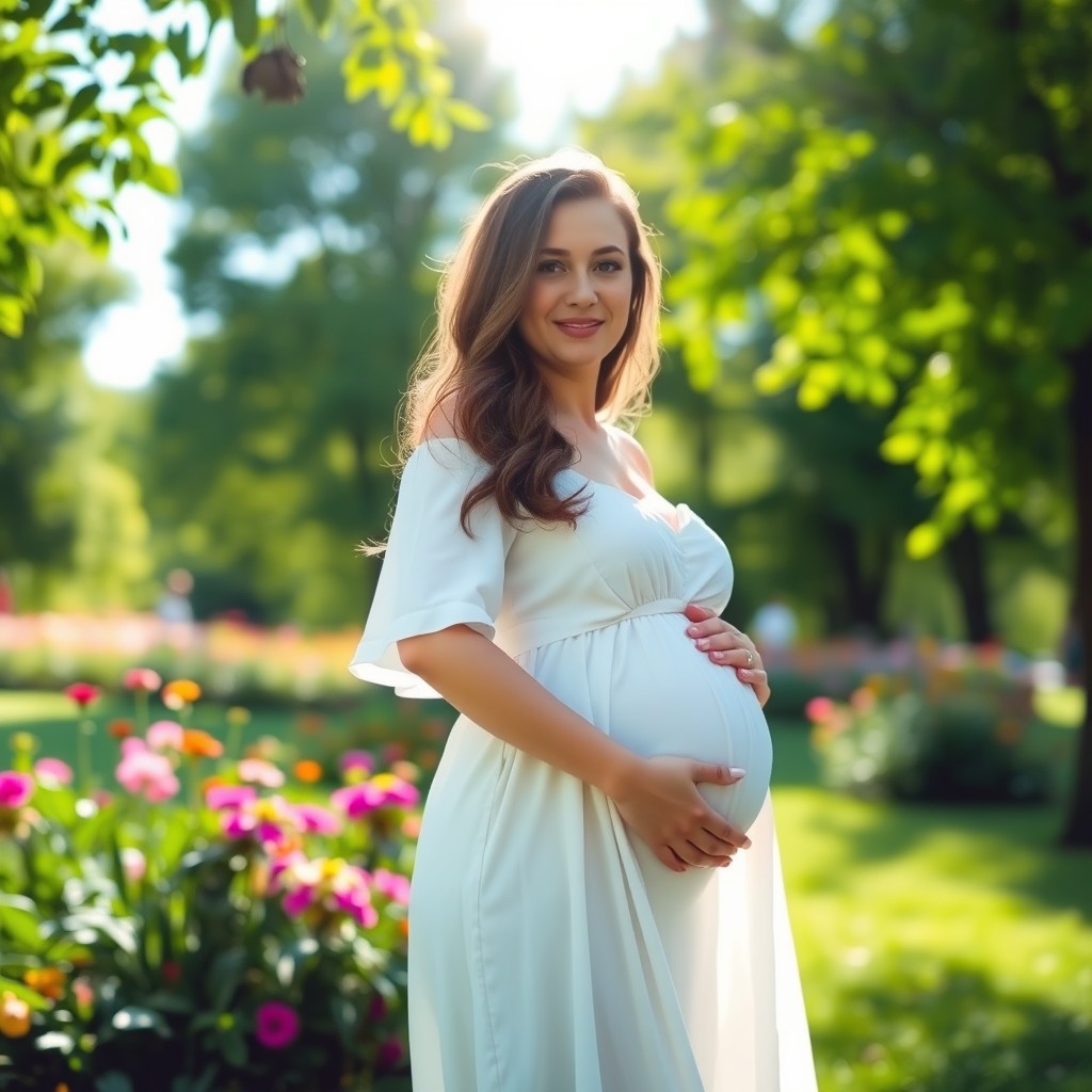 A serene and beautiful pregnant woman standing in a lush green park, wearing a flowing white dress that highlights her baby bump