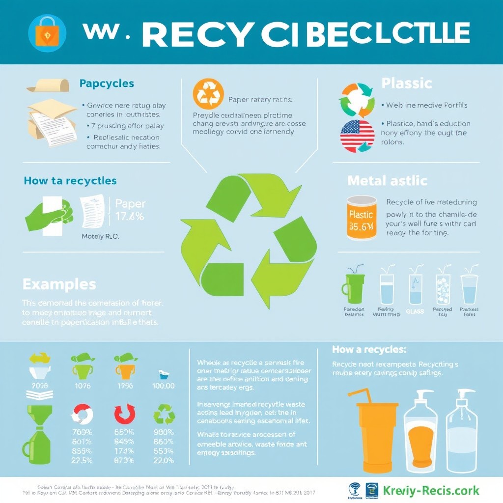 An informative and visually appealing infographic about the importance of recycling, showcasing various recyclable materials such as paper, plastic, metal, and glass