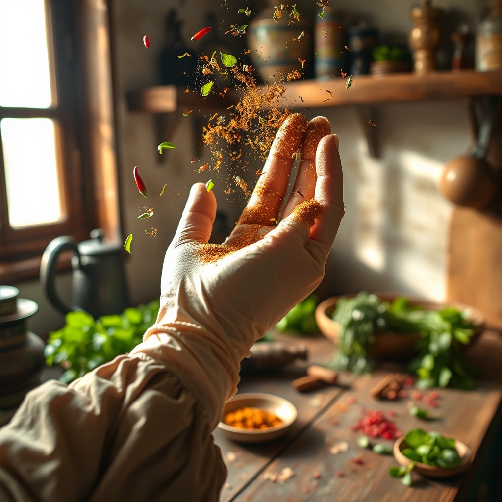 A close-up of a female gloved hand gracefully tossing vibrant herbs like ritual powders in a rustic kitchen setting