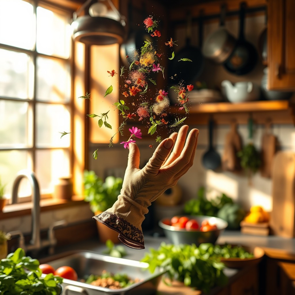 A female gloved hand gracefully tossing various vibrant herbs like ritual powders in a well-lit kitchen