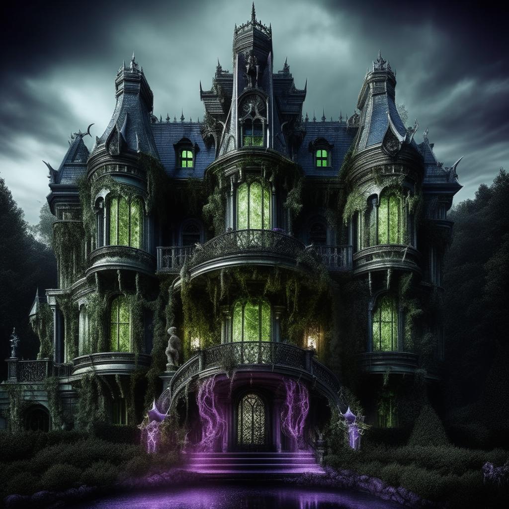 An imposing mansion brimming with sinister energy, capturing the essence of an enraged evil genius. Colored in haunting greens, chilling blues, and oppressive purples, intricate devices reflect the occupant's malevolence, tangible rage, and towering intellect.