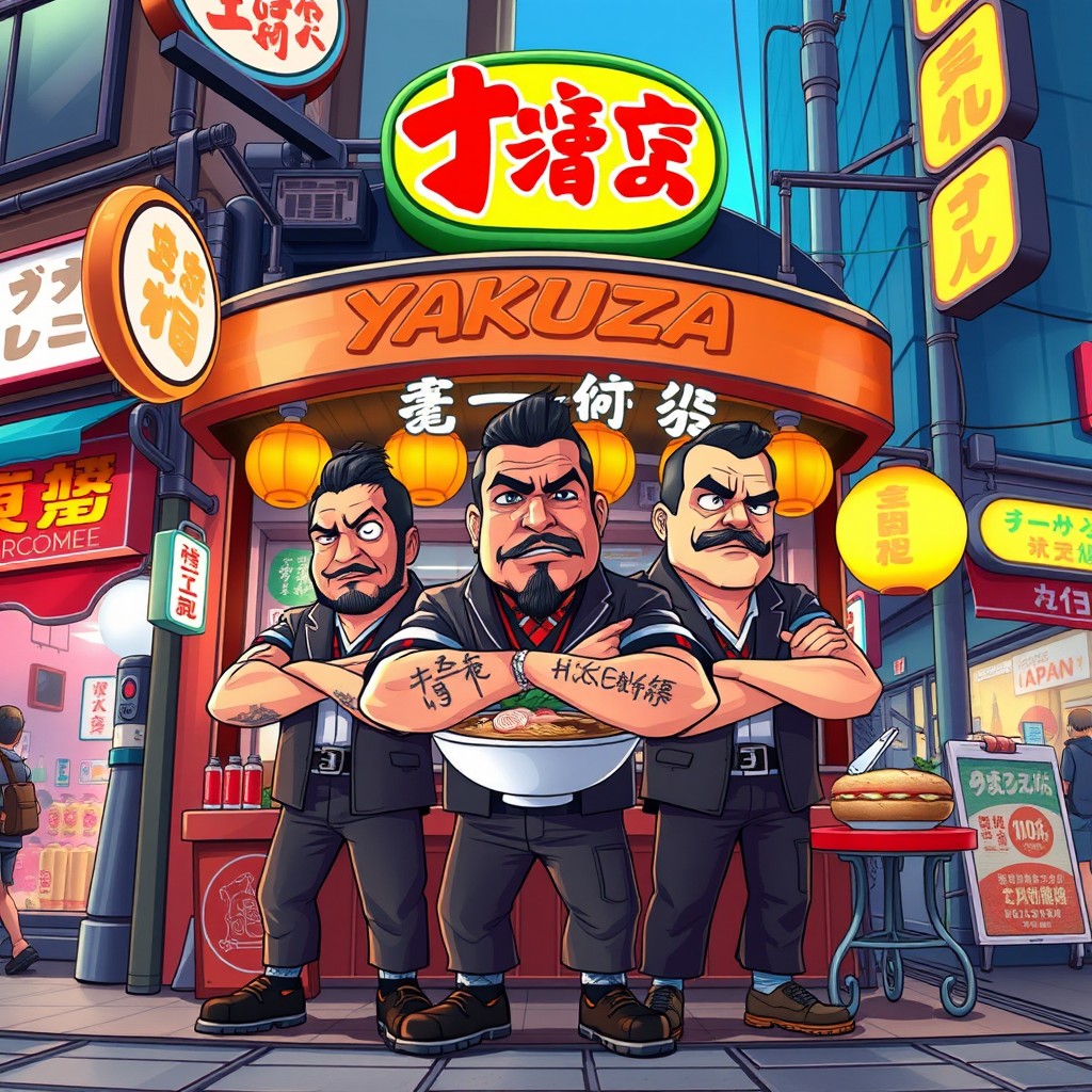 A vibrant and colorful 3D cartoon-style cover image for a Discord server, depicting a group of Yakuza members standing confidently behind a ramen shop