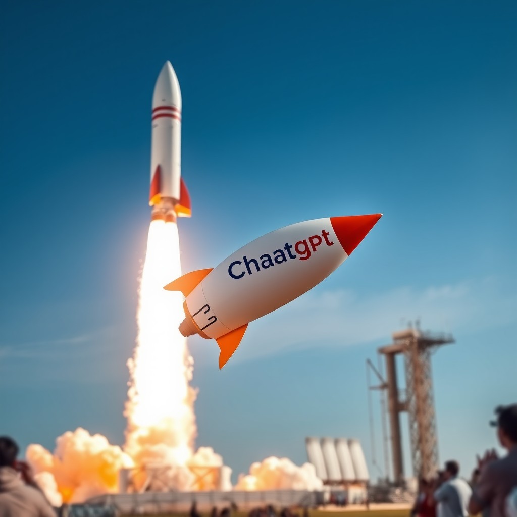 A rocket launched into the sky, prominently featuring the ChatGPT logo on its body