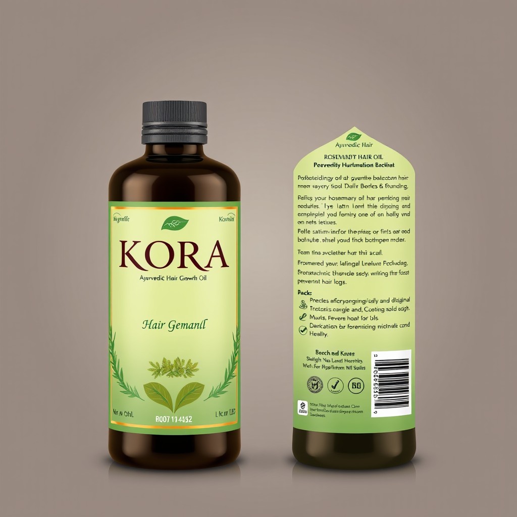 A beautifully designed label for a hair oil bottle, featuring the brand name 'KORA' prominently on the front in elegant, bold lettering