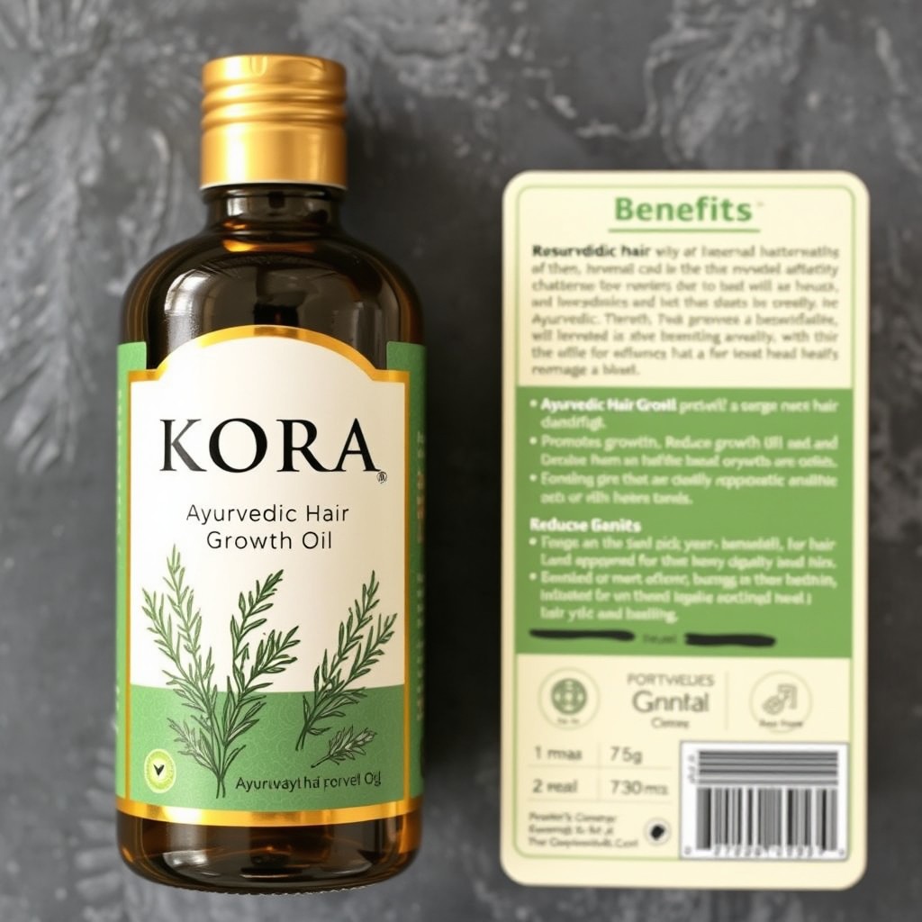 A beautifully designed label for a rosemary hair oil bottle, featuring the brand name 'KORA' prominently at the top in an elegant, eye-catching font