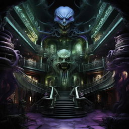 An imposing mansion brimming with sinister energy, capturing the essence of an enraged evil genius. Colored in haunting greens, chilling blues, and oppressive purples, intricate devices reflect the occupant's malevolence, tangible rage, and towering intellect.