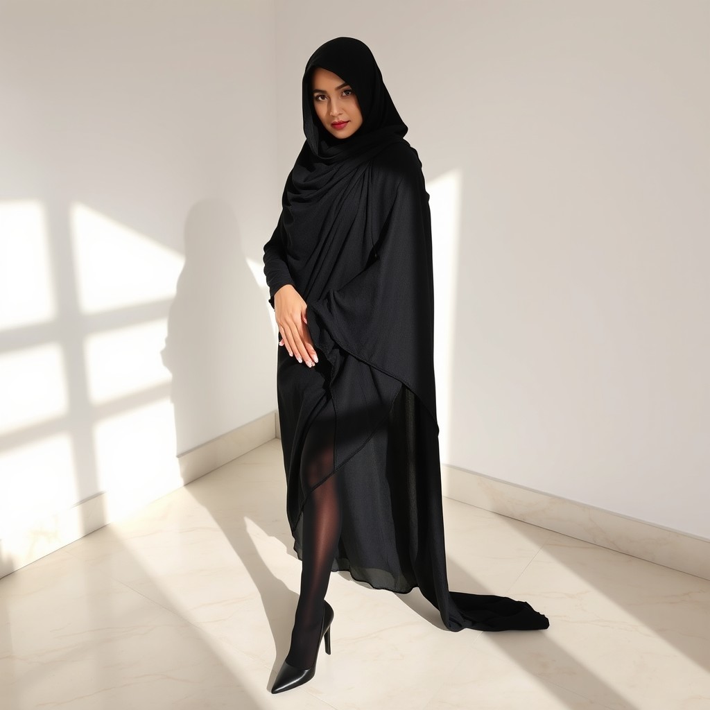 A woman clad in a traditional black chador that completely covers her head and body, exuding elegance