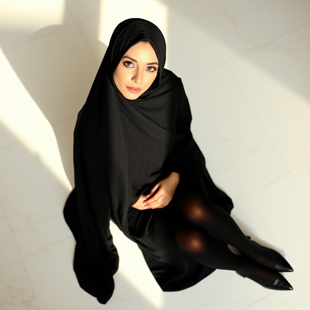 A woman adorned in a traditional black chador that beautifully covers her head and body