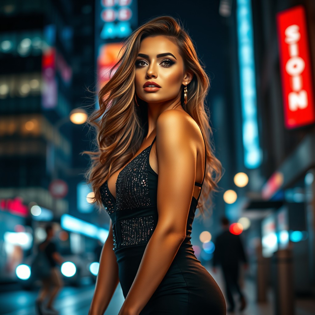 A captivating scene featuring an alluring woman in a glamorous outfit, showcasing her confidence and charm