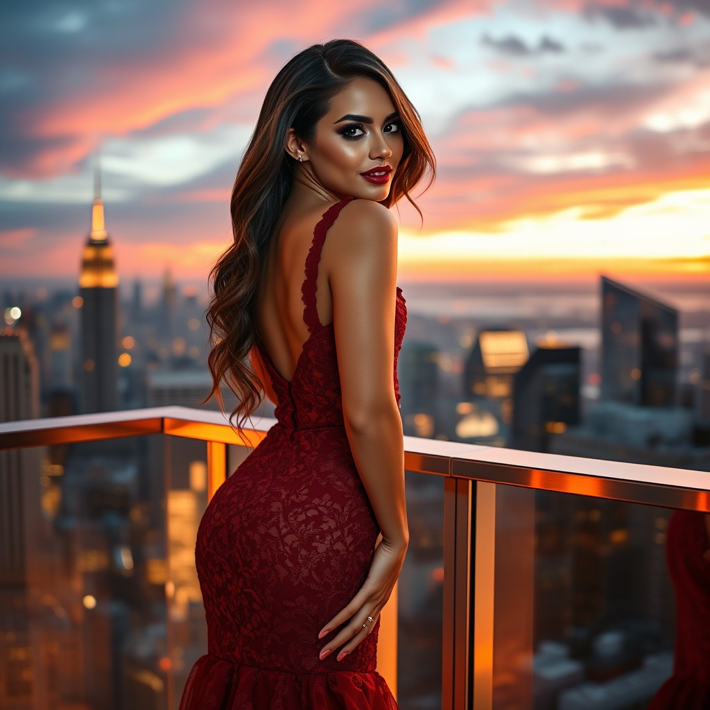 A sultry, confident woman in a glamorous evening gown standing on a balcony overlooking a city skyline at sunset