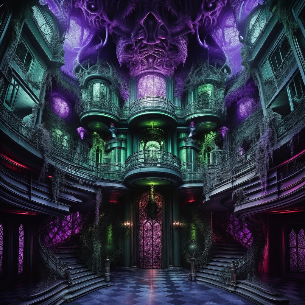 An imposing mansion brimming with sinister energy, capturing the essence of an enraged evil genius. Colored in haunting greens, chilling blues, and oppressive purples, intricate devices reflect the occupant's malevolence, tangible rage, and towering intellect.