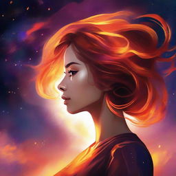 Illustrate a side-profile woman set against a sunset in a galaxy setting. Her hair is portrayed as captivating, fiery flames.