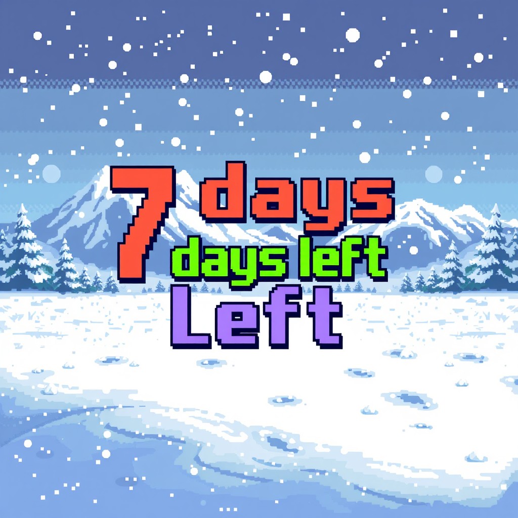 A pixel art scene featuring a snowy landscape, with mountains in the background and softly falling snowflakes
