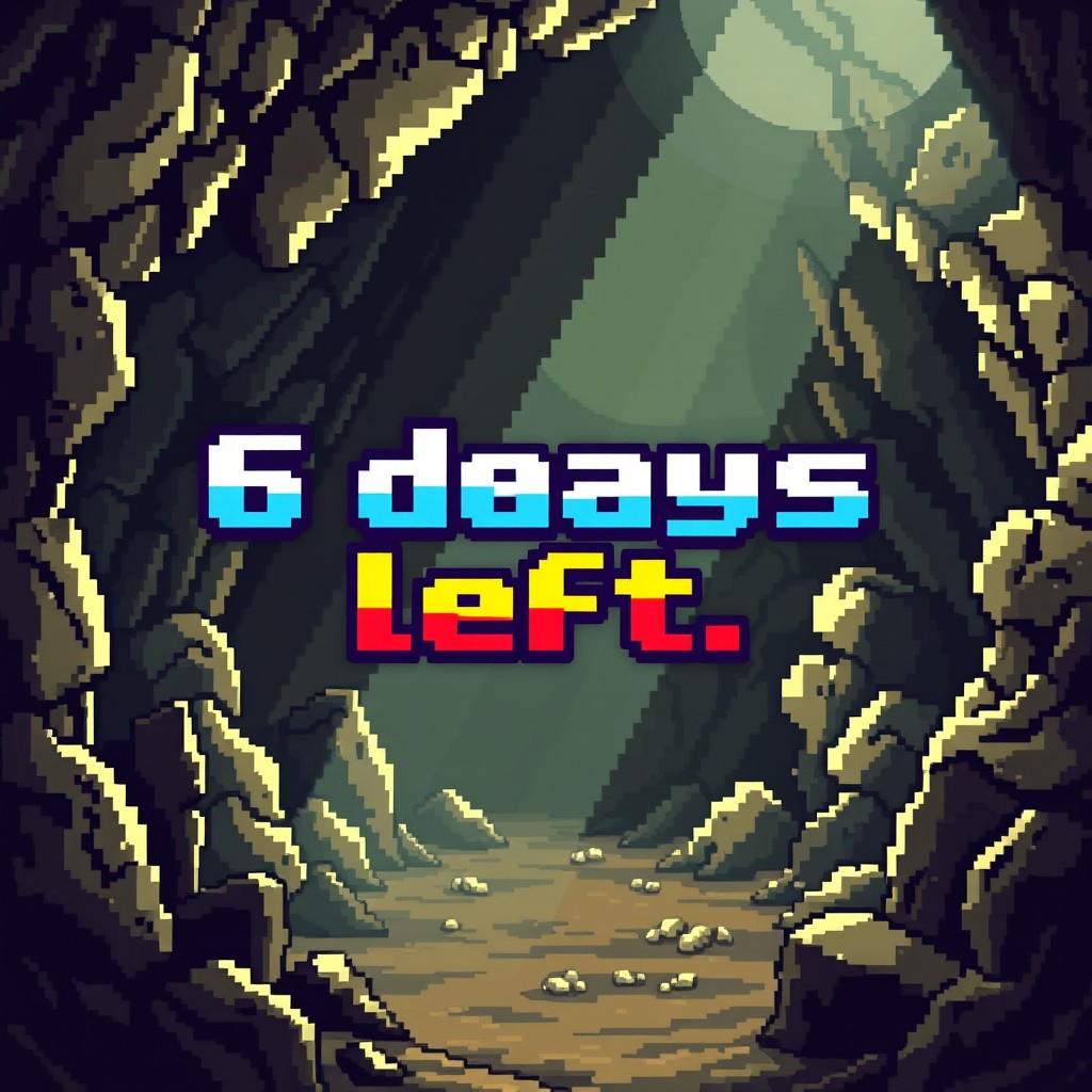 A pixel art scene depicting a cave interior with jagged rocks and a mysterious ambiance
