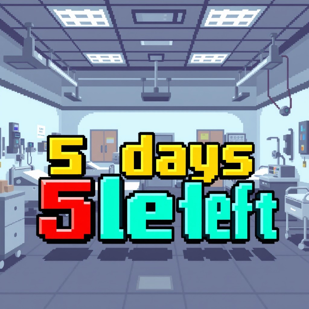 A pixel art scene set inside a hospital, featuring elements like hospital beds, medical equipment, and sterile white walls