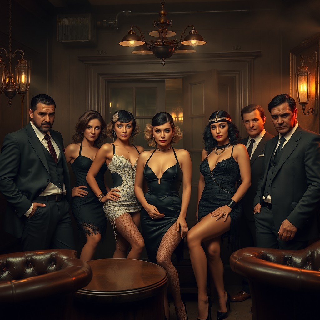 A thrilling mafia scene featuring a group of seven individuals, with a focus on three strong and powerful women among them