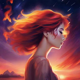 Illustrate a side-profile woman set against a sunset in a galaxy setting. Her hair is portrayed as captivating, fiery flames.