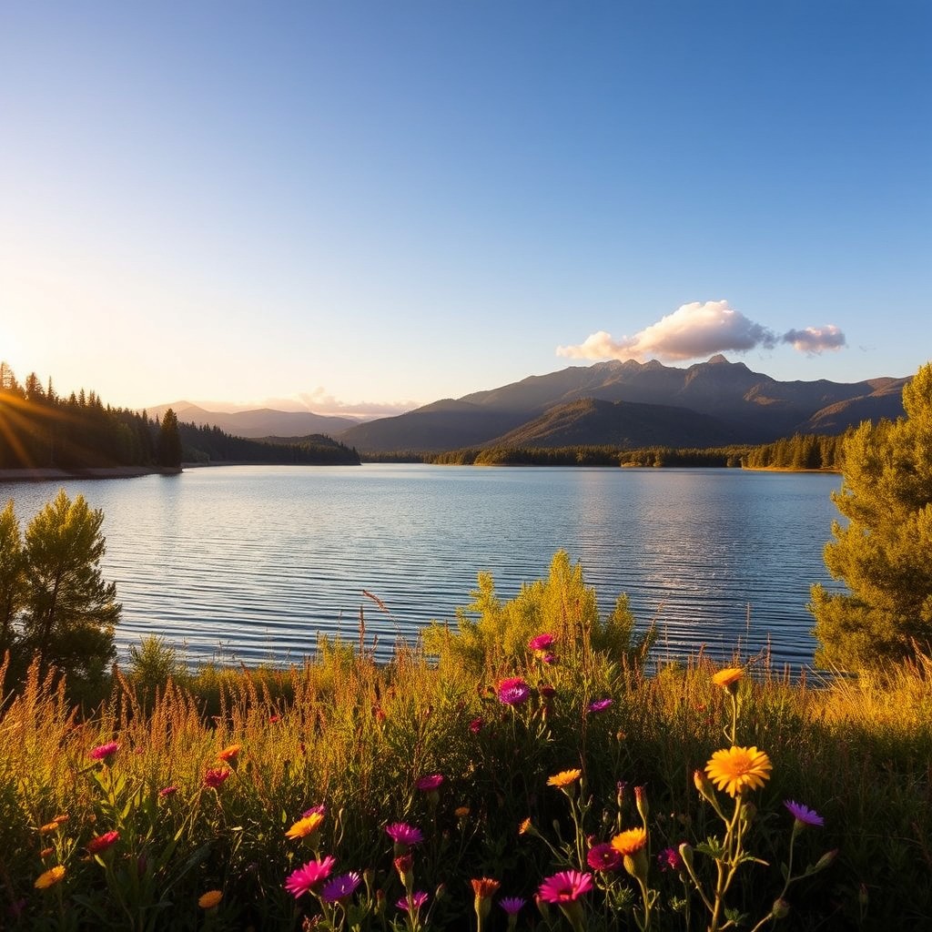 A serene landscape featuring a tranquil lake surrounded by lush green trees and colorful wildflowers in the foreground