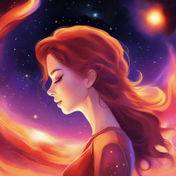 Illustrate a side-profile woman set against a sunset in a galaxy setting. Her hair is portrayed as captivating, fiery flames.