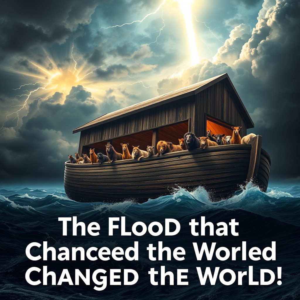An epic scene of Noah's Ark during the flood: a gigantic ark floating on turbulent waters, a stormy sky filled with lightning, animals peeking out from inside the ark, a beam of divine light breaking through the clouds