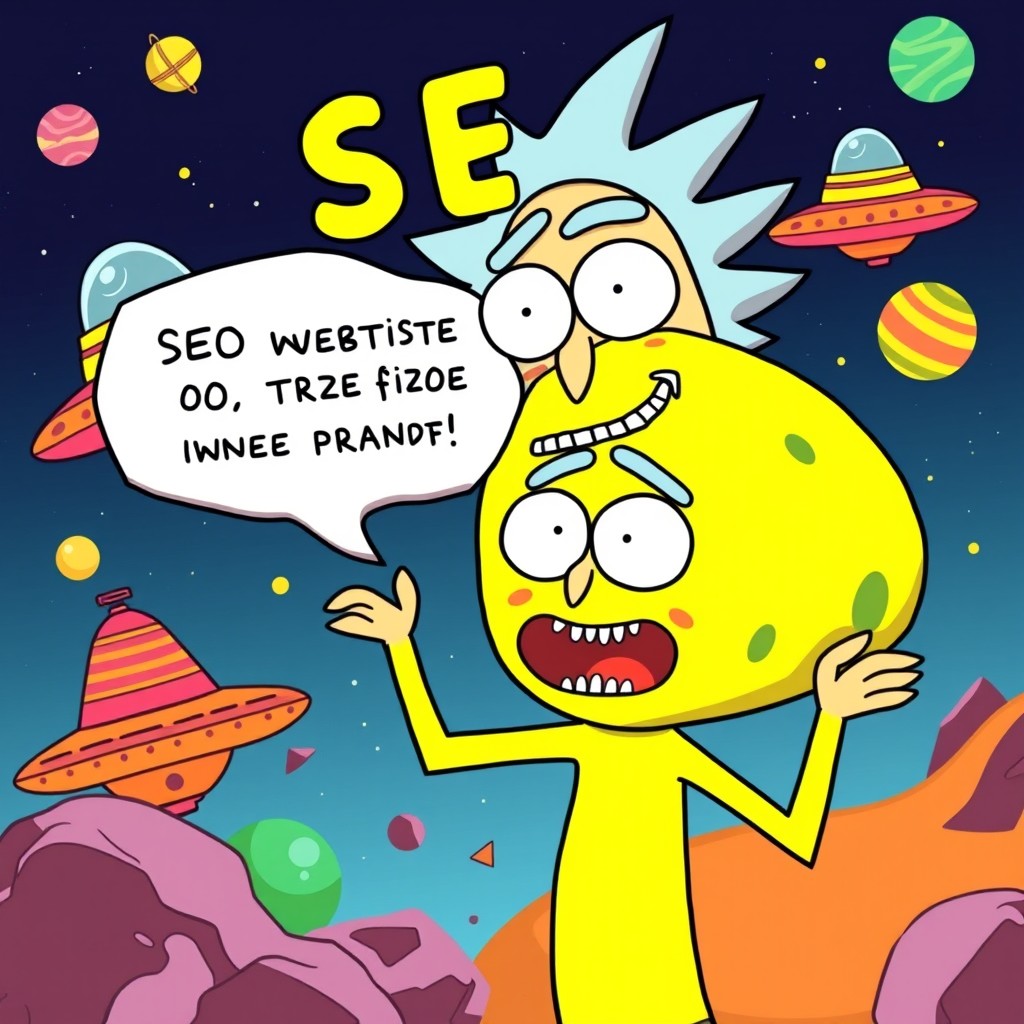 A vibrant and metaphorical illustration in the style of Rick and Morty that visually represents an SEO service offer, featuring a whimsical alien character enthusiastically promoting a website optimization package that includes three months of free support