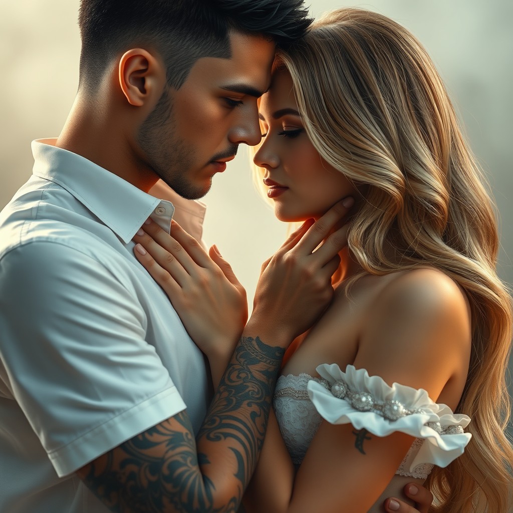 A captivating scene featuring a man with short black hair, fair skin, and striking amber eyes, tenderly holding the face of a woman with fair skin, luxurious golden blonde hair, and deep brown eyes