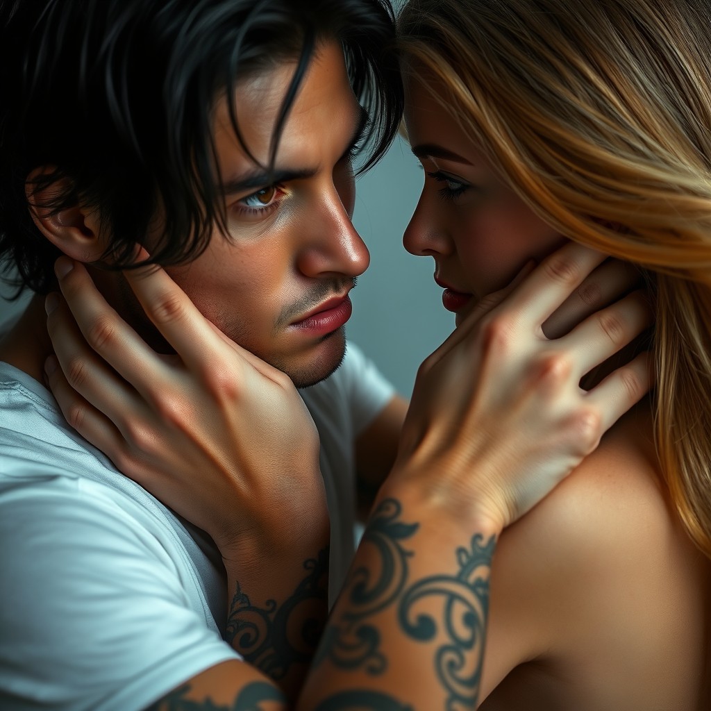 A close-up scene depicting a man with black hair, fair skin, and striking amber eyes, tenderly holding the face of a woman
