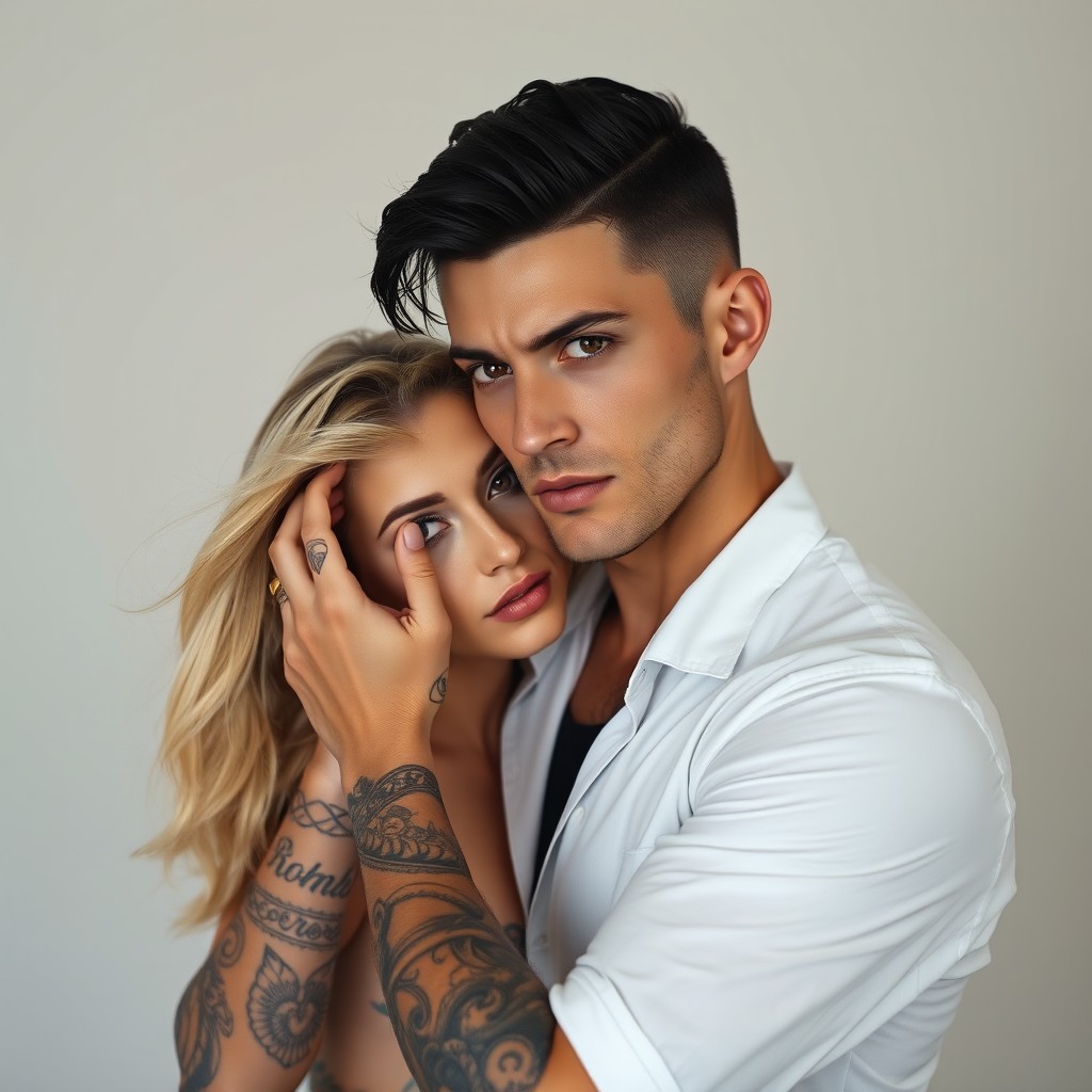 A man with striking black hair, fair skin, and captivating amber eyes holds the delicate face of a woman with luminous fair skin, flowing golden blonde hair, and deep brown eyes
