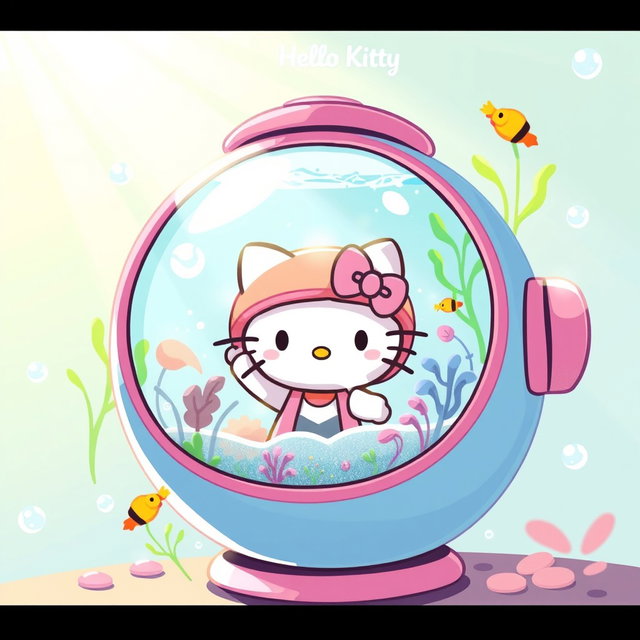 A whimsical and colorful illustration of Hello Kitty inside a cute, round tank filled with water, surrounded by vibrant underwater plants and tiny fish