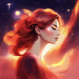 Illustrate a side-profile woman set against a sunset in a galaxy setting. Her hair is portrayed as captivating, fiery flames.