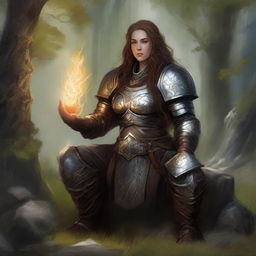 Harmoniously attuned to her surroundings, a dwarven female kineticist in formidable heavy armor draws in energy from nature while immersed in a serene meditation, forming a captivating image of unity with the elements.