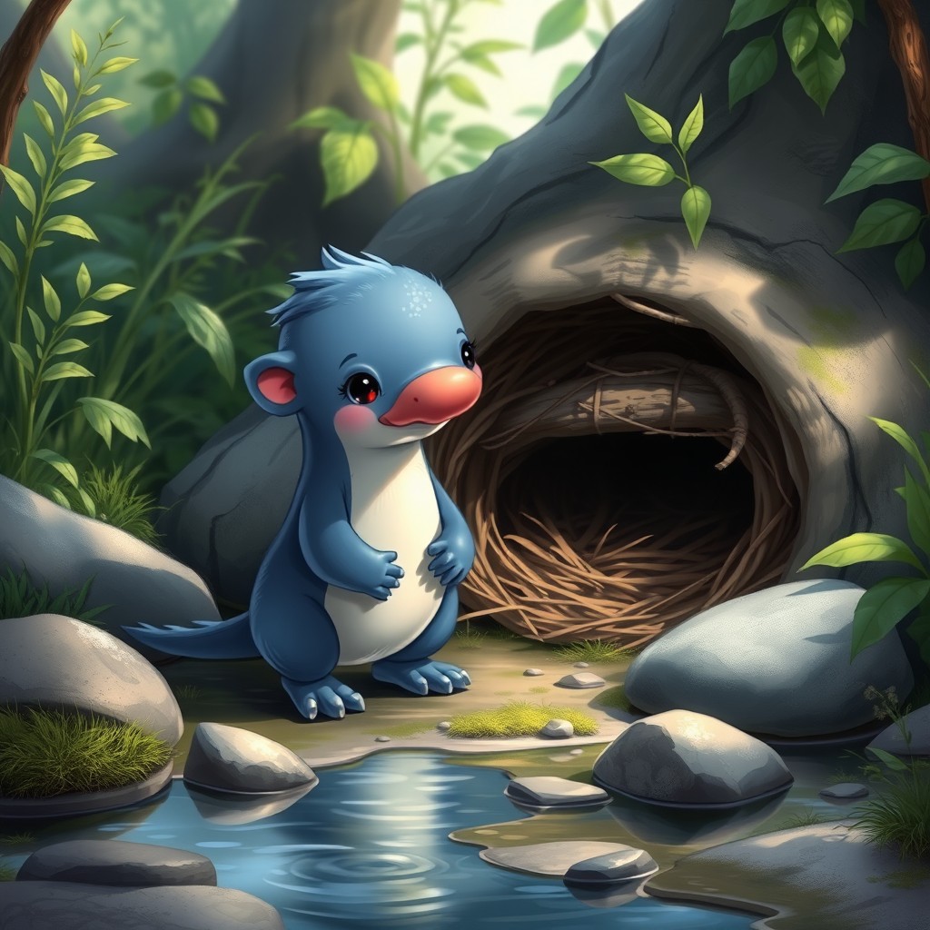 A young blue platypus with a curious expression standing in front of its nest by a stream, surrounded by lush green vegetation and smooth stones