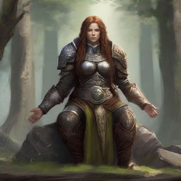 Harmoniously attuned to her surroundings, a dwarven female kineticist in formidable heavy armor draws in energy from nature while immersed in a serene meditation, forming a captivating image of unity with the elements.