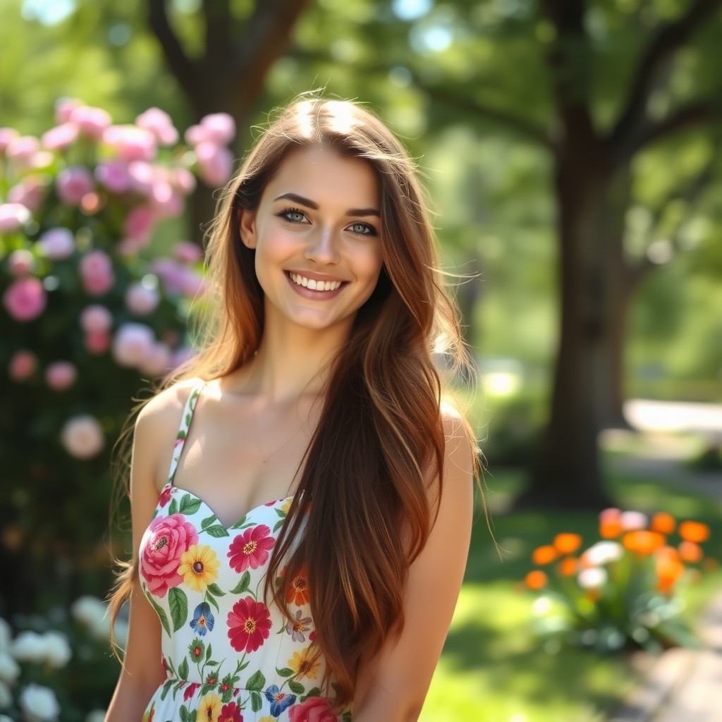 A portrait of a young woman with long, flowing brown hair and bright green eyes