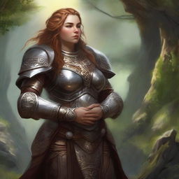 Harmoniously attuned to her surroundings, a dwarven female kineticist in formidable heavy armor draws in energy from nature while immersed in a serene meditation, forming a captivating image of unity with the elements.