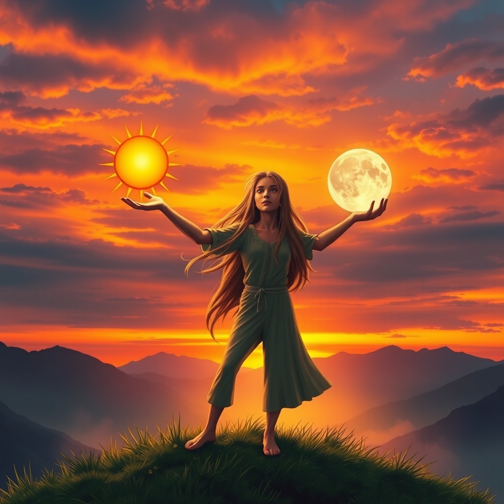 A fantastical scene featuring a person standing on a hilltop during sunset, holding the sun in their left hand and the moon in their right hand