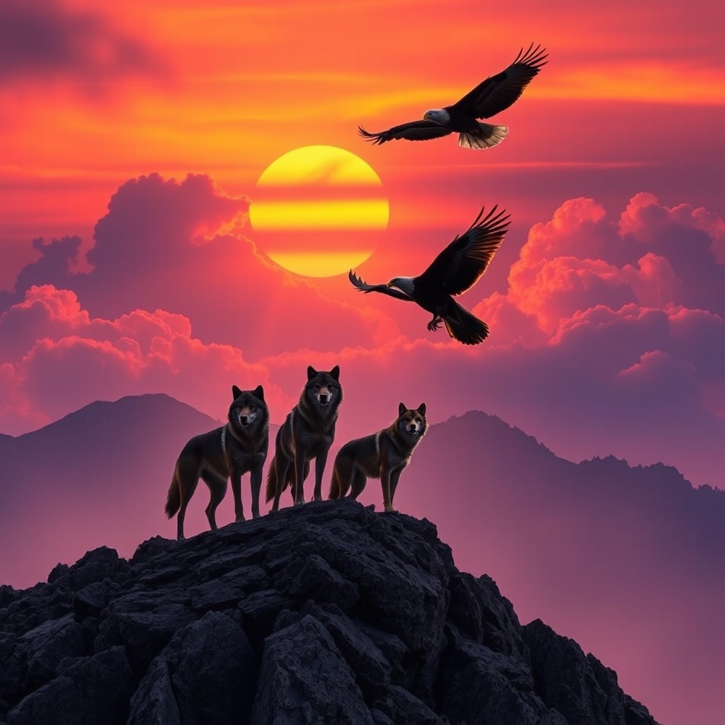 A majestic scene depicting a pack of wolves standing atop a rocky mountain peak, silhouetted against a vibrant sunset sky filled with hues of orange, pink, and purple