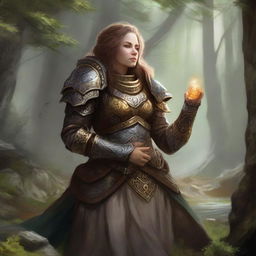 Harmoniously attuned to her surroundings, a dwarven female kineticist in formidable heavy armor draws in energy from nature while immersed in a serene meditation, forming a captivating image of unity with the elements.