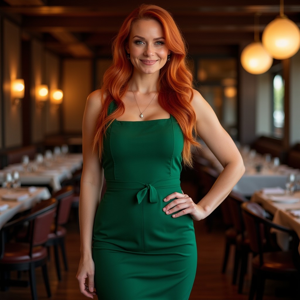 A gorgeous tall red headed female chef standing proudly in a premier steakhouse, wearing an elegant green dress that showcases her figure, with her arms gracefully positioned to highlight her physique
