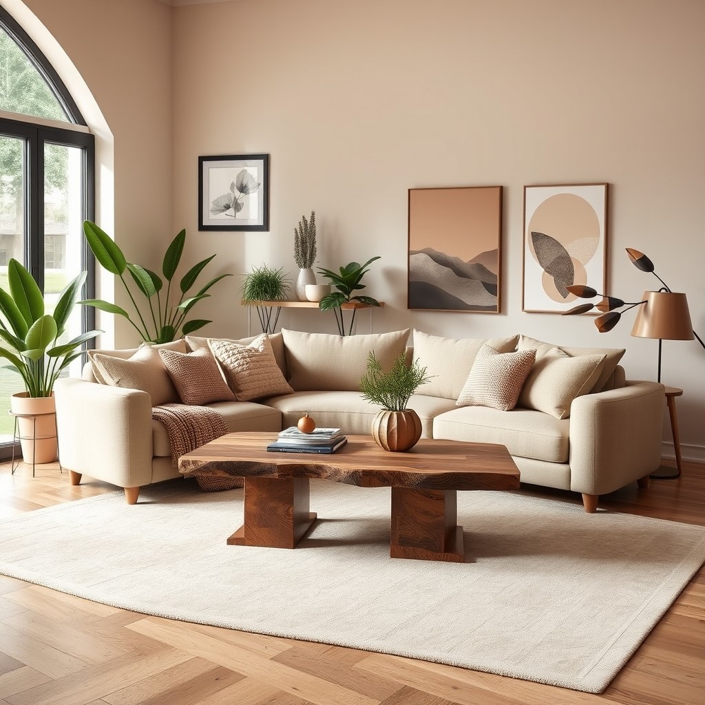 A stylish interior design concept for a cozy living room, featuring a warm color palette of soft beige, muted browns, and gentle greens